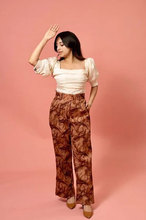 Classy Brown White Coord Set With Belt